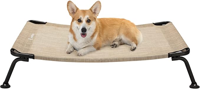 Veehoo Outdoor Elevated Dog Bed, Cooling Raised Dog Cots Beds for Medium Dogs, Portable Waterproof Curved Dogs Hammock Bed for Outside, up to 100lbs, Black Legs, Beige 32"