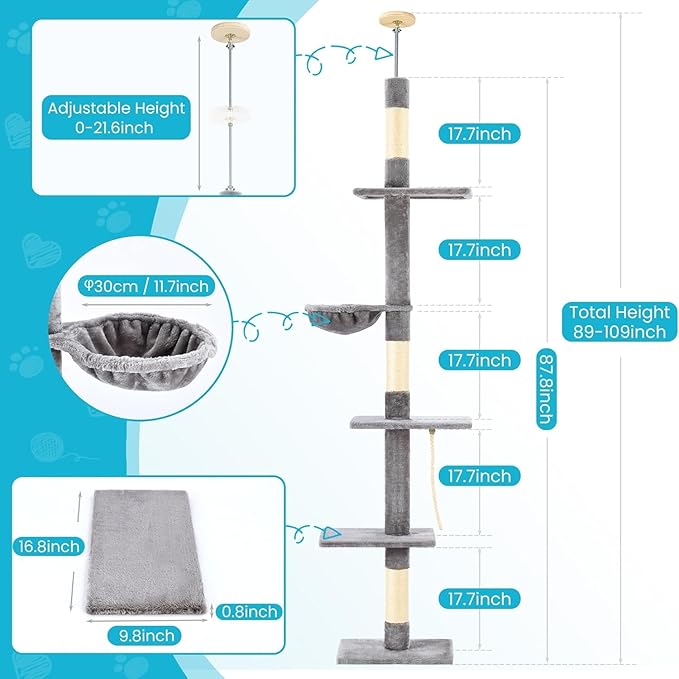 Cat Tree 5-Tier Floor to Ceiling, 89-109 Inch Adjustable Height Cat Tower with Cozy Hammock, Cat Climbing Tree for Indoor Cats, Gery