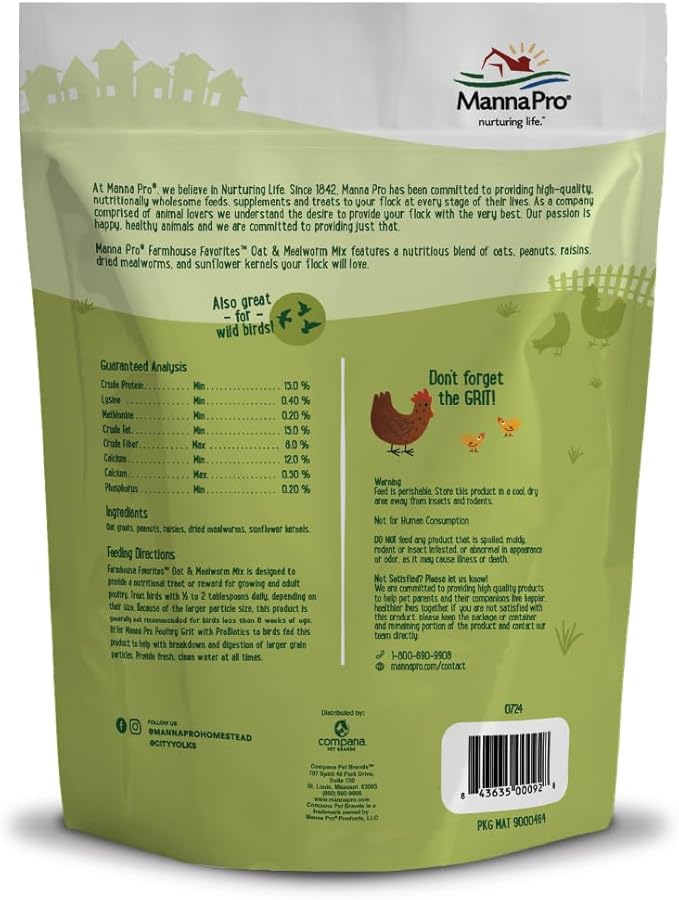 Manna Pro Farmhouse Favorites Oat & Mealworm Mix Poultry Treat – Natural Protein Source – Encouraging Poultry Treat – Mix of Oats, Peanuts, Raisins, Mealworms, Sunflower Kernels – 2lbs