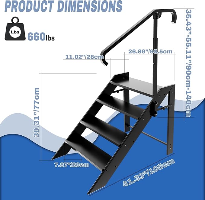 RV Step Stool Foldable, Folding 4 Step Ladder, Hot Tub Steps with Handrail, Portable Pool Ladder, 660Lbs Heavy Duty Ladder Shelf Outdoor Mobile Home Stairs for Camper, Porch, SPA Poo, Pet