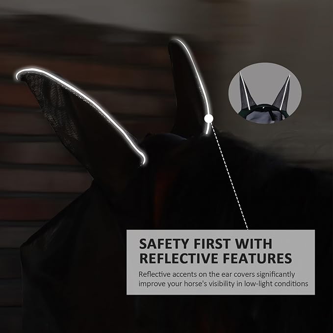 Horse Fly Mask Large Space Breathable UV Protection Equine Mask with Reflective Features on Ears Hunter Green M