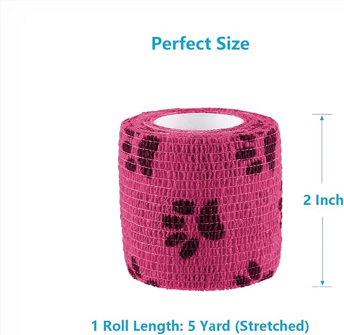 WePet Pet Wrap, Self-Adhesive, Only Sticks to Itself, Non-Woven Tape for Dog Legs, Paws, Wounds, First Aid Cohesive Gauze for Horse, Cat, Bird, Animal, 6 Rolls, 2 Inch, Pawprints B