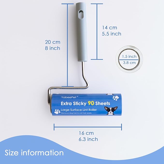 Extreme Sticky Large Surface Lint Roller, 6.3'' Giant Pet Hair Remover Roller for Pet Dog Cat Hair, Clothes&Furniture Cleaning, 90 Sheets (4 Refills)