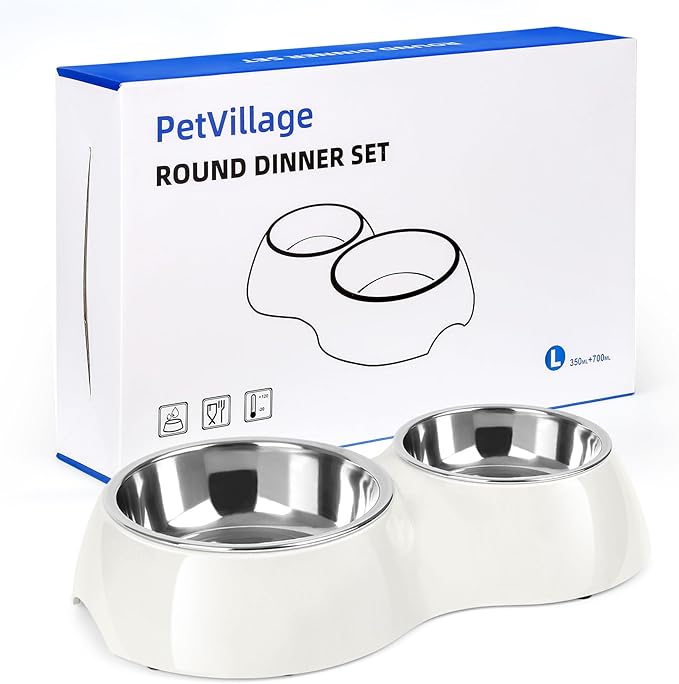 Elevated Dog Bowls Set - Non-Slip Raised Pet Feeder with Medium (10 oz) & Large (20 oz) Stainless Steel Bowls - Includes Durable Resin Stand for Puppies, Adult Dogs & Cats - White