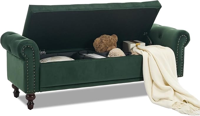 58.1'' Storage Bench Upholstered Velvet End of Bedroom Bed Bench Ottoman with Tufted Cushioned Rolled Arm Large Storage Space for Reading Living Room Entryway,Dark Green