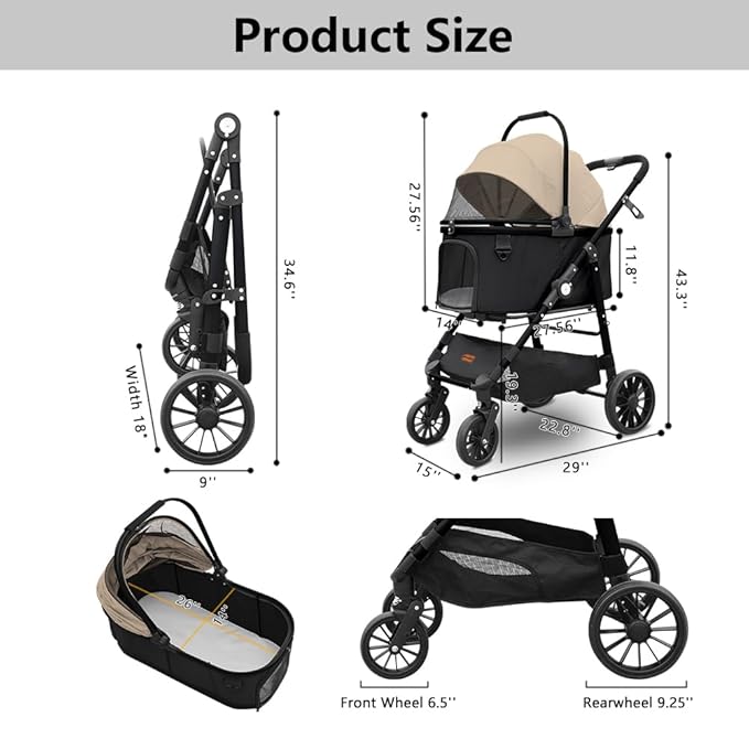 Dog Cat Stroller, Foldable 4 Wheels Dog Stroller for Small Medium Dogs 20 lbs,Pet Strollers for Large Dogs 50lbs, Stable Anti-Shock Detachble Carrier,with 360°Swiveling Front Wheel forTravel