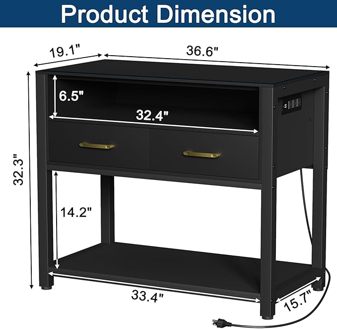 40-50 Gallon Fish Tank Stand with Power Outlet & 2 Storage Drawers, Heavy Duty Metal Frame Aquarium Stand with Waterproof Mat, 36.6" L*19.1" W Tabletop, 800LBS Capacity, Black