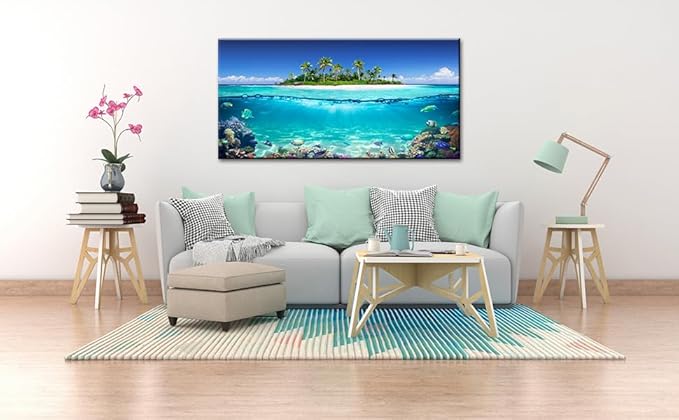 Tropical Island Coral Reef Landscape Canvas Wall Art for Living Room,Unique View Split Waterline Scenery,Beautiful Nature Summer Travel Scenic Picture Print Artwork Painting Decor,Inner Frame 30x60