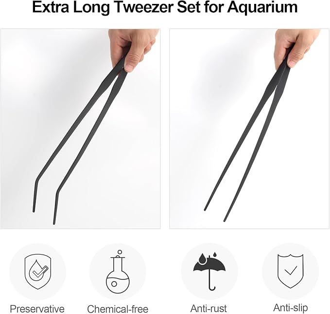 Aquarium Tweezers Extra Long 15 inches Feed Tong Clamps - FEITA Straight and Curved Stainless Steel 38cm Tweezers Set for Fish Tank Plants Aquascape Tools & Reptile Feeding Tongs - Black 2Pcs