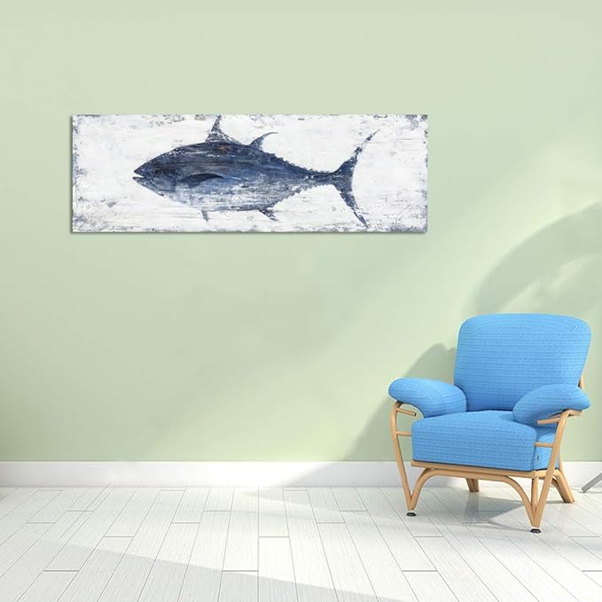 Yihui Arts Canvas Wall Art Hand Painted Abstract Tuna Fish Painting Modern Artwork Coastal Pictures in Blue and White Color for Bedroom Decoration