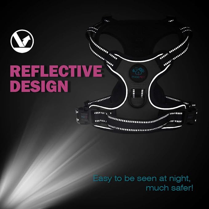 PHOEPET No Pull Dog Harness Medium Reflective Front Clip Puppy Vest with Handle,Adjustable 2 Metal Leash Attachment Hooks(M, Black)