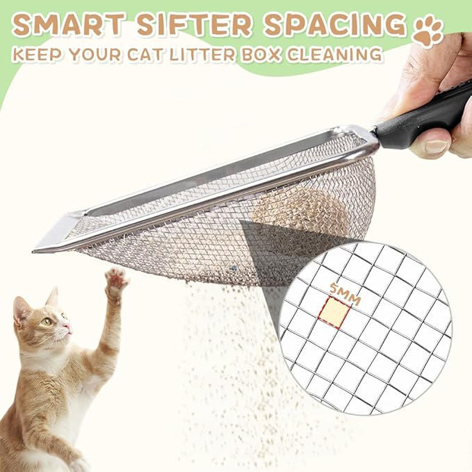 Metal Cat Litter Scoop,Sturdy Litter Cleaner Corner Shovel,Stainless Steel Mesh Litter Shovel,Easy to Clean Reptile Terrarium Sand Waste(Black)