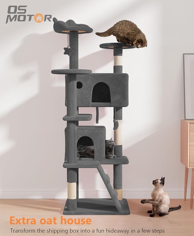 60" Cat Tree Tower for Indoor Cats Large Adult,Cute/Tall Modern Cat Tree for Big Cats 20 lbs, Plush Multi-Level Cat Condo with Scratching Posts,Dangling Ball (Smoky Gray, 60 inch)