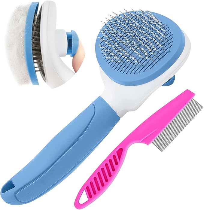 Cat Brush for Shedding and Grooming, Pet Self Cleaning Slicker Brush with Cat Hair Comb by KALAMANDA (Blue)