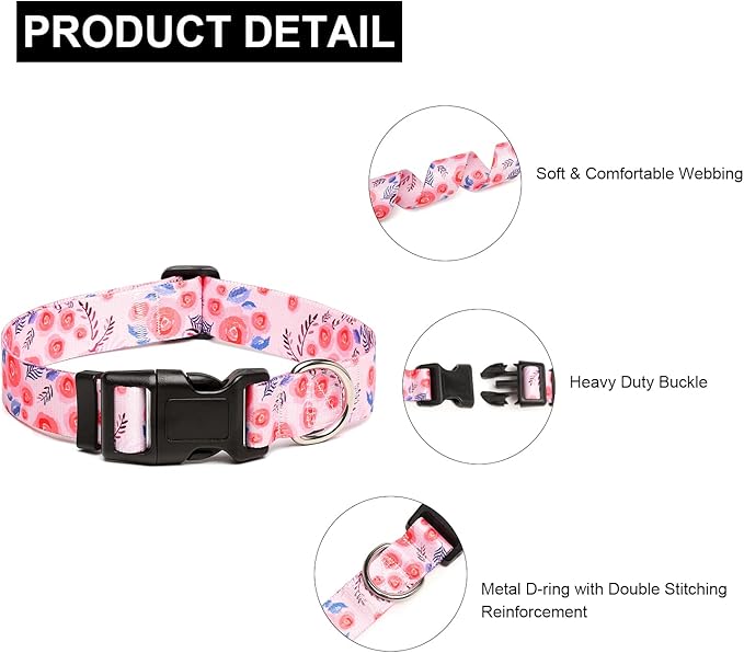 Mercano Adjustable Dog Collar - Special Design Patterns, Soft Nylon Comfortable Durable Pet Collar for Small Medium Large Dogs (M, Rose)