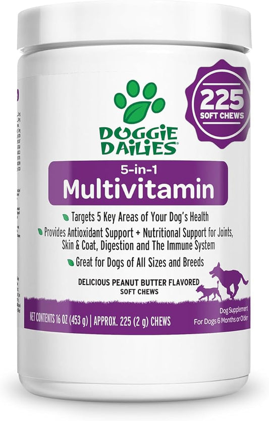 Doggie Dailies 5 in 1 Multivitamin for Dogs, Dog Multivitamin for Skin and Coat Health, Joint Health, Improved Digestion, Antioxidants, Support a Healthy Immune System (Peanut Butter) 225 Soft Chews