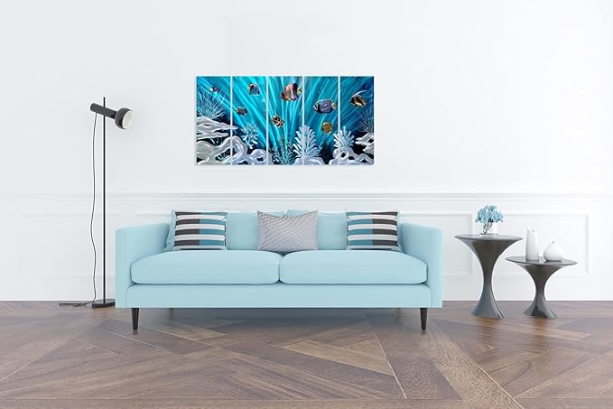 SYGALLERIER Fish Metal Wall Art Hand Crafted Large 3D Sea Life Pictures Modern Abstract Coastal Aluminum Artwork Contemporary Sculpture for Living Room Bedroom Dinning Decor