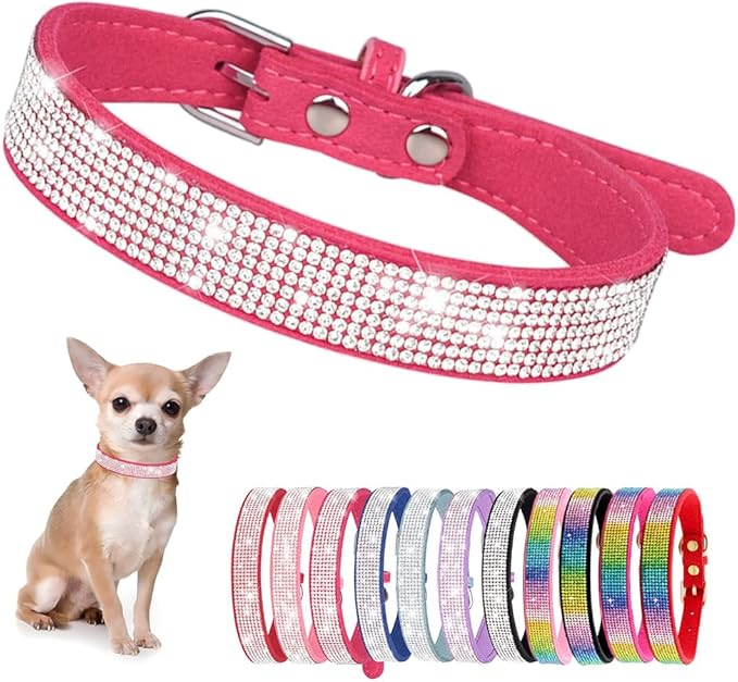 Rhinestone Dog Collar for Small Dogs, Bling Diamond Fancy Crystal Glitter Pretty Jewel Pet Puppy Collars for XXS XS Small Medium Large Breed Girl Dogs Female Cats Kitten, Hot Pink XL