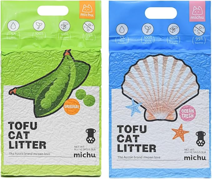 Tofu Cat Litter Natural Clumping Tofu Cat Litter, Fast Clumping and Easily Scoop-able 5.5lb/88oz 5 Scents - Original + Ocean Fresh, 2 Pack