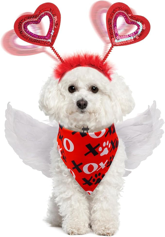 SCENEREAL Dog Outfit/Birthday Bandana with Feather Wing & Heart Headband Dogs Girls Set, Red Puppy Kitty Party Supplies for Small Medium Dogs Cats, Pet Costumes-(Small)