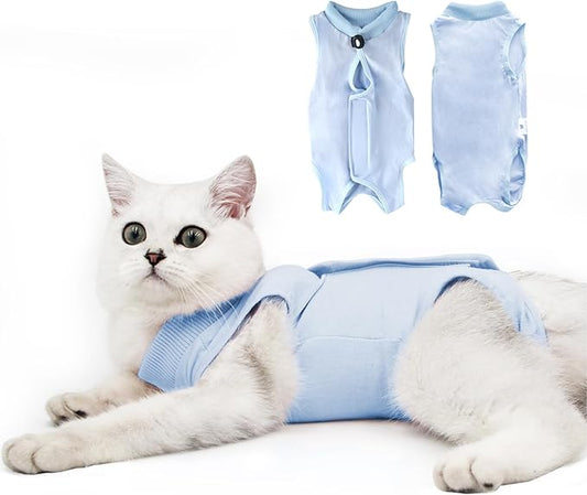DOTON Cat Recovery Suit for Male and Female Surgical Post Surgery Soft Cone Onesie Shirt Clothes Neuter Licking Protective Diapers Outfit Cover Kitten Spay Collar(S, Blue)