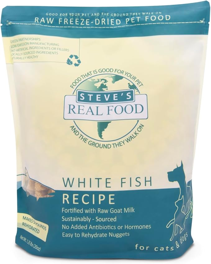Steve's Real Food Freeze-Dried Raw Nuggets - White Fish Recipe - Raw Pet Food for Dogs and Cats - 20 oz