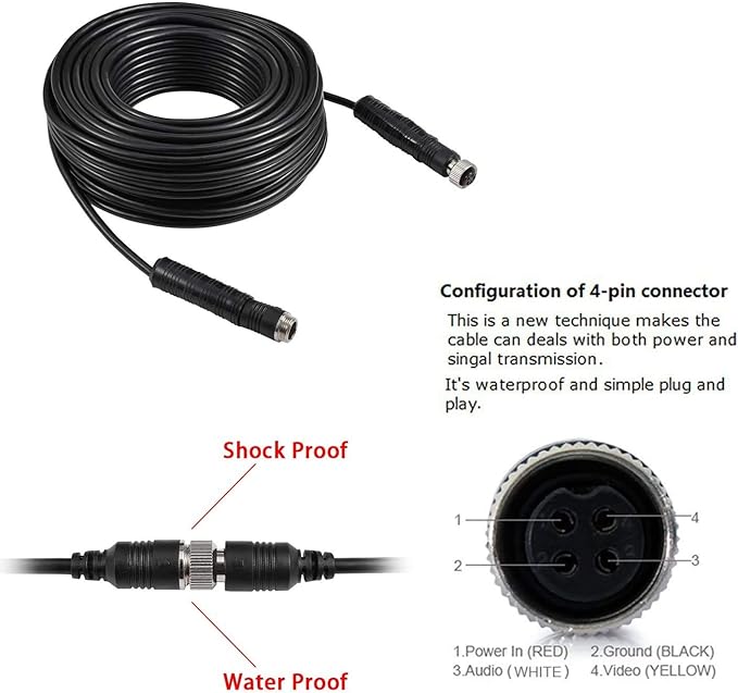 DALLUX Heavy Duty Vehicle Truck Bus Backup Camera System,Waterproof Night Vision Rear View Camera with 7 inch Monitor+66ft 4 PIN Camera Cable for Bus Truck Van Trailer RV Campers Motor Home(12V 24V)