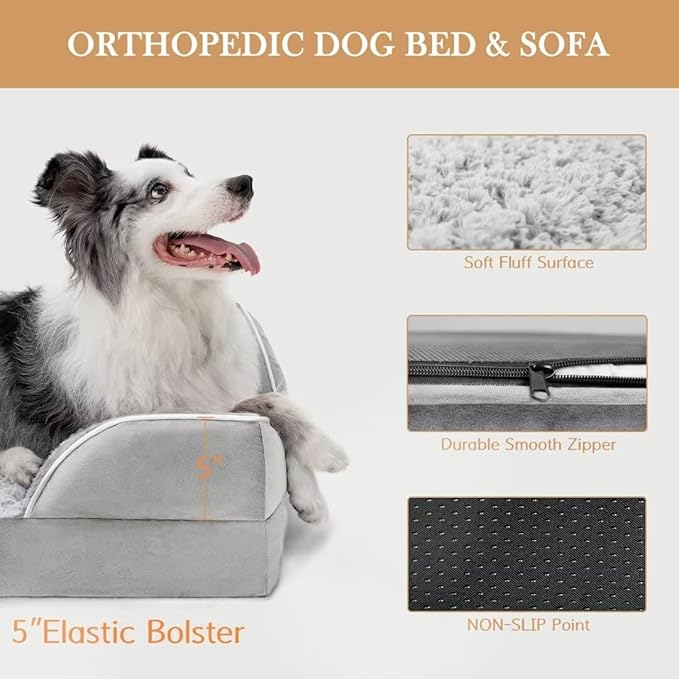 Comfort Expression Memory Foam Dog Beds Large Sized, Orthopedic Dogs Beds Washable, XL Dog Beds with Removable Cover, Waterproof Pet Sofa Couch with Bolster(X-Large,Light Grey)