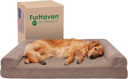 Furhaven Cooling Gel Dog Bed for Large Dogs w/ Removable Bolsters & Washable Cover, For Dogs Up to 95 lbs - Plush & Suede Sofa - Almondine, Jumbo/XL