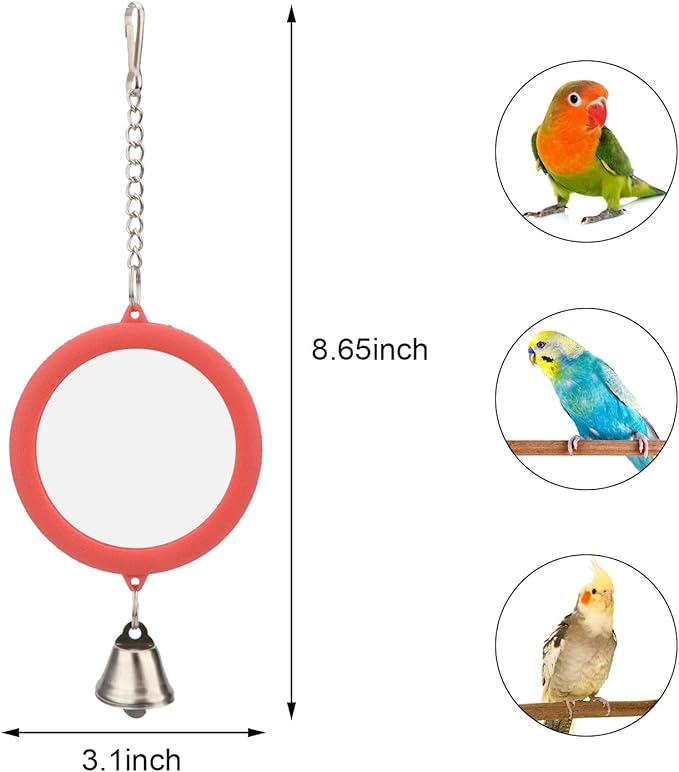 Hypeety Pet Bird Mirror with Bell Interactive Parrot Toy Bird Cage Mirror for Cockatiel Parakeets Canaries Budgie (RED)