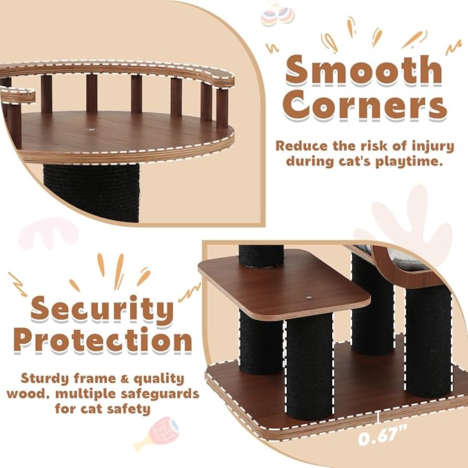 70.9'' Black Cat Tree for Indoor Cats Large Adult, Heavy Duty Cat Tower with Scratching Post, Modern Kitty Tree with Removable Mats, Semi-closed Condo and Transparent Bowl, Wooden Luxury Cat Furniture