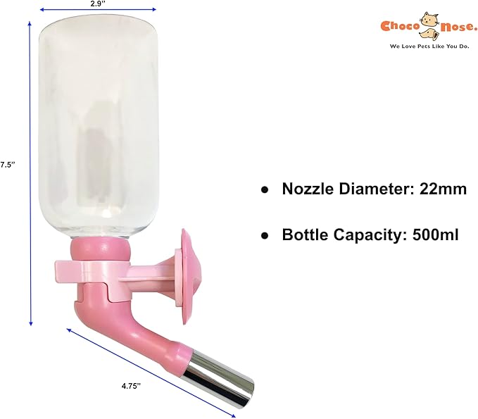 Choco Nose Patented No-Drip Water Bottle/Feeder for Large Dogs Over 50 lbs - Wire Cages, Crates or Kennels. 16 oz. X-Large Nozzle 22mm, Pink