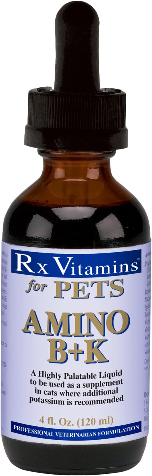 Rx Vitamins Amino B+K Supplement for Cats - Extra Potassium & B-Complex Vitamins - Hypoallergenic - 4 oz Highly Palatable Liquid