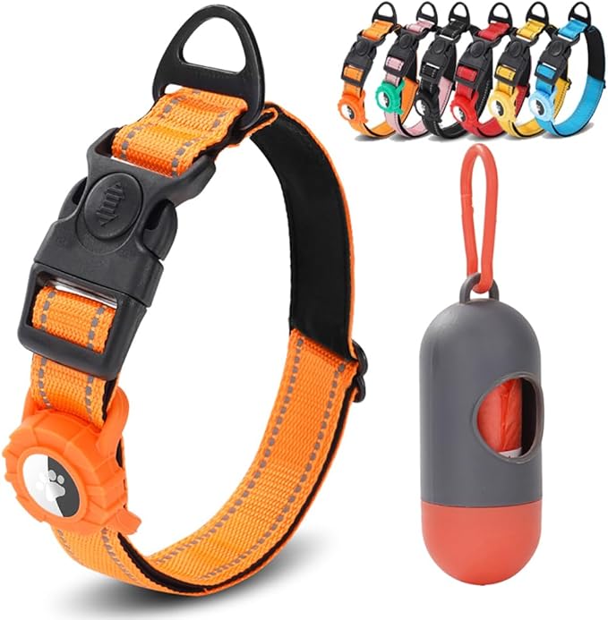 JSXD AirTag Dog Collar, Night Reflective Nylon Dog Collar for Small Medium Large Dogs,Lockable Quick Release Buckle,Padded Breathable Pet Collar with AirTag Holder (Orange, Large)