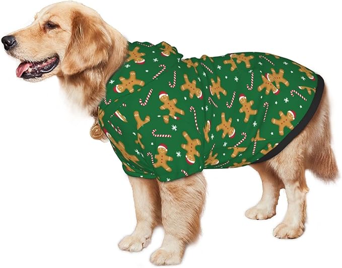 Green Christmas Gingerbread Men Candies Hoodie,Christmas Cosplay Dog Clothes with Pocket and Hat Winter Clothes Sweaters X-Large