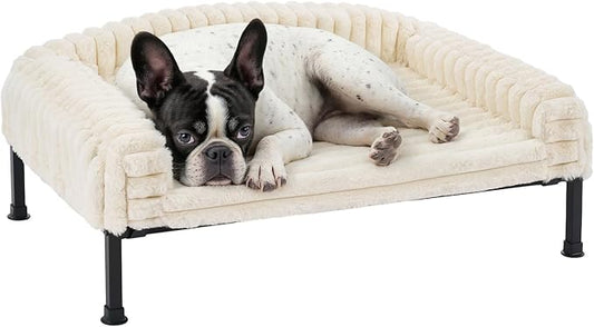 Veehoo Elevated Dog Bed with Bolster Cushion, Fluffy Plush Dog Couch Beds for Small Dogs, Cats, Washable Raised Pet Cot with Non-Slip Feet for Indoor or Patios Use, 24 x 18 Inches, White