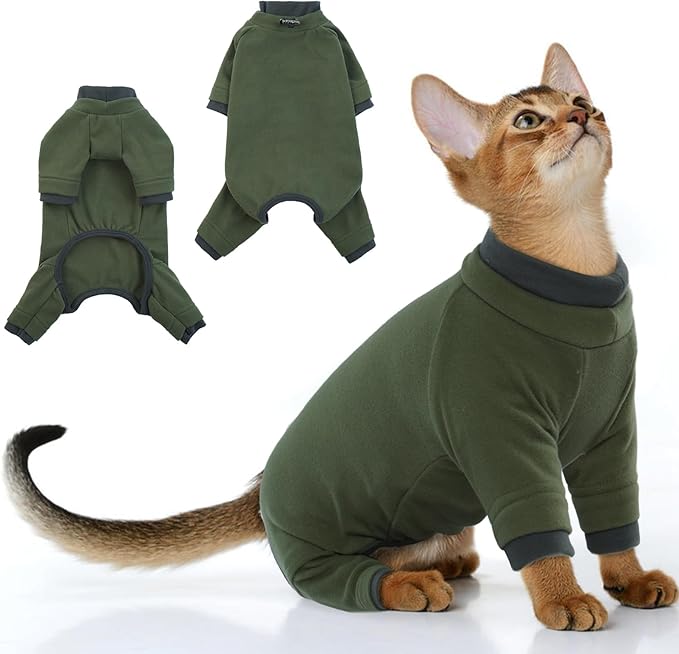 PUMYPOREITY Sticky Hair Cat Clothes, Prevent Hair Loss Cat Pajamas, Soft Cat Sweaters for Cats Only, Cat Hair Sticky Onesie, Cat Recovery Suit After Surgery, Green, 2XL