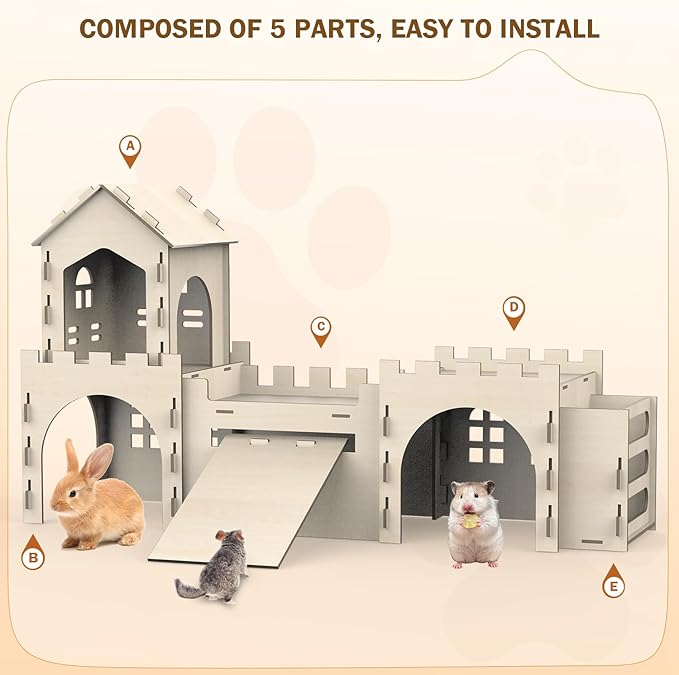 Large Bunny House and Hideouts, Wooden Dual-Layer Rabbit Castle with Stair, Rubber Band-Free Setup - chew-Proof, Sturdy Habitat for Guinea Pig Chinchilla Ferret (Rabbit House with Hay Feeder)