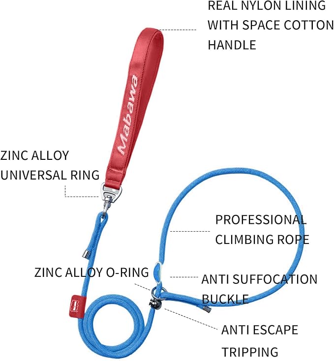 Dog Anti-Slip Leash 5FT with Metal Stopper - Durable No-Pull Training Lead for Small, Medium & Large Dogs - Comfortable Handle Nylon Rope, Tangle-Free Pet Walking Leash (Blue, 5.6FT)