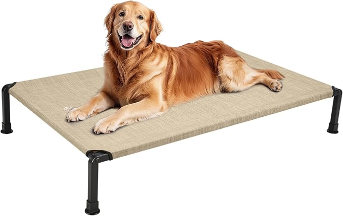 Veehoo Heavy Duty Elevated Dog Bed - Raised Bed with Washable & Breathable Teslin Mesh, Non-Slip Silicon Feet, Cooling Dog Cot, Indoor/Outdoor Use, 41" x 27", Beige Coffee