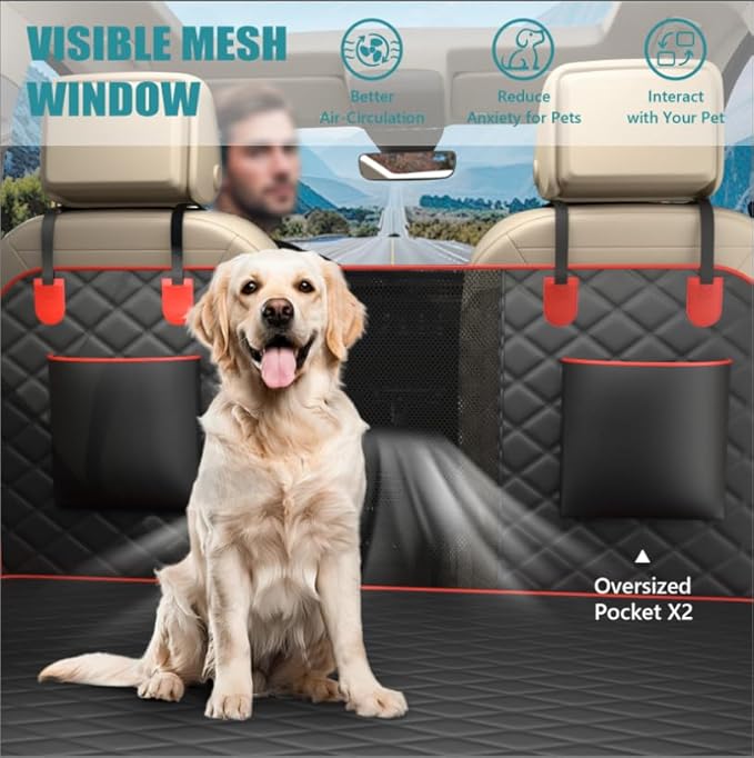 Waterproof Dog Car Seat Cover for Back Seat – Heavy Duty Back Seat Extender for Dogs with Hard Bottom, 7-Layer Protection, Non-Slip & Scratchproof, Easy to Install (Red)