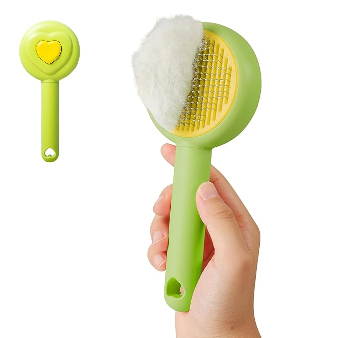 New cat brush&dog brush,pet hair brush with Self Cleaning Button Easy to remove loose undercoat，Needle-tip massage beads, no harm to the skin,Lovely Heart Series(Green)