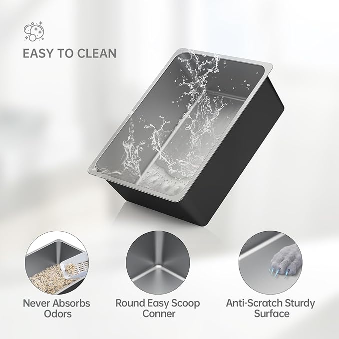 Ohtomber Stainless Steel Litter Box - High Sided Metal Cat Litter Box Pan, Never Absorbs Smell, Easy to Clean Non Stick Cat Litterbox Tray Toilet Pet Supplies for Indoor Kitty, Kitten, Rabbit, Puppy