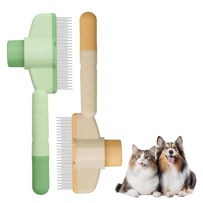 [ 2 Packs ] Pet Hair Removal Comb Flea Comb, New Cat Brush with Release Button Pet Hair Grooming Brush Supplies (Yellow+Green)