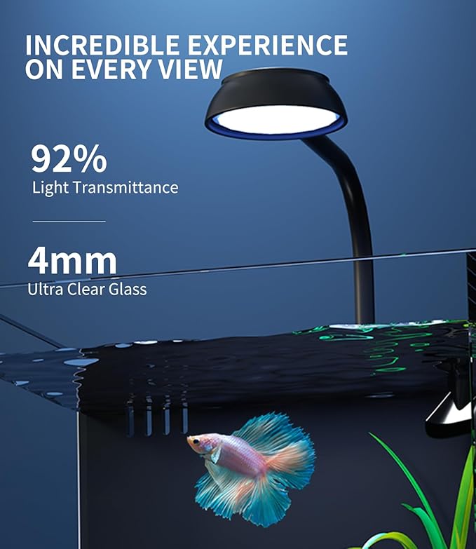 Small Betta Fish Tank Aquarium Starter Kit, 2 Gallon Glass Rimless Nano Beta Tank with Hidden Filtration, 3 Color Light, Quiet Water Pump, Lid