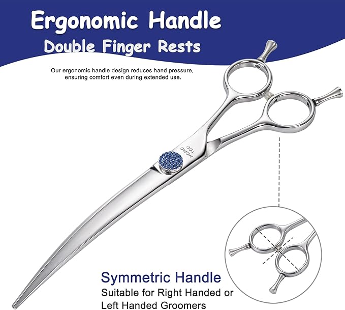 7'' Dog Grooming Scissors Set with Blue Diamond Adjustable Screws CNC 440C Stainless Steel Thinner Chunker Straight Curved Shears with Comb Sharp and Durable