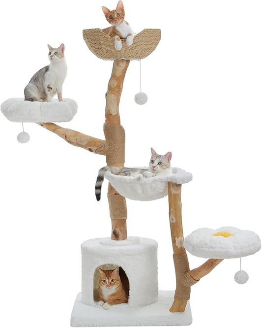 PAWZ Road Cat Tree for Indoor Cats Large Adults, 59 Inches Modern Cat Tower with Large Basket and Hammock, Natural Solid Wood, Luxury Condo & Dual Perches, Modern Cat Furniture for Big Cats, White