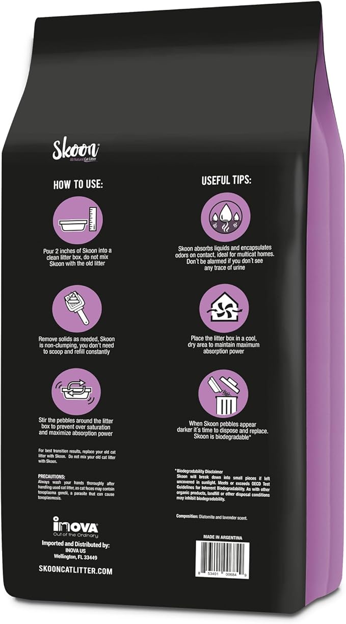 Skoon All Natural Cat Litter (1 Bag) - Lavender - Lightweight, Low Tracking, Non-Clumping Diatom Pebbles Absorb, Lock, and Seal Waste for Best Odor Control