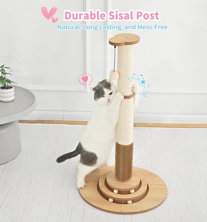 Made4Pets Cat Scratching Post Premium Sisal Cat Scratcher Kitten Toys for Indoor Kittens 33.6" Tall Cat Tower Scratch Post Cat Tree Wooden Interactive Ball Track Cat Toy with Hanging Ball, Beige