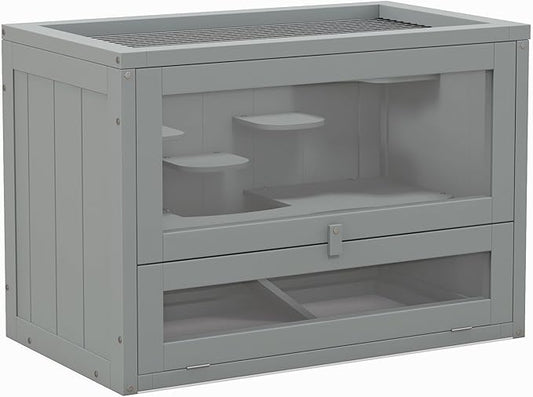 PawHut 2-Level Hamster Cage Mice and Rat House, Small Animal Habitat for Guinea Pigs, Chinchillas with Openable Top, Front Door, Shelf and Ladder, Gray